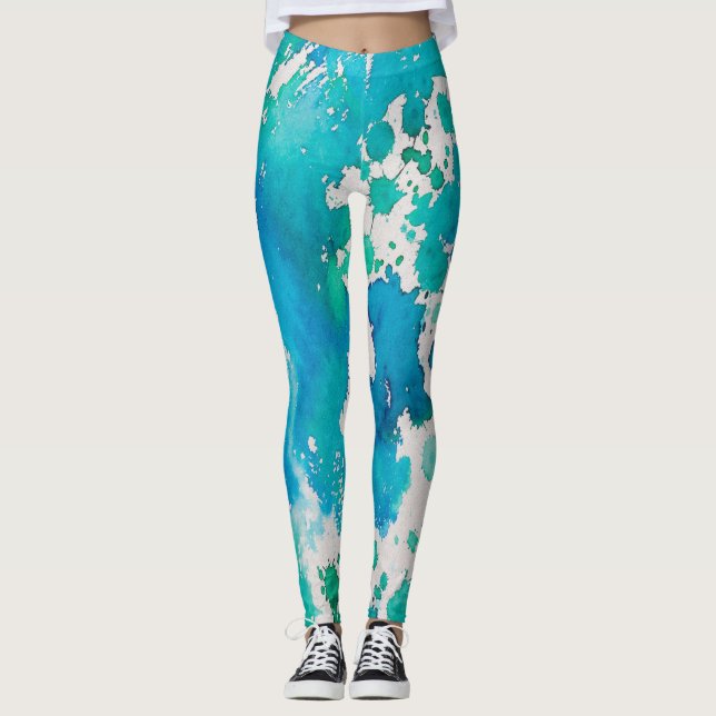 Blau-weiße Wasserfarbenprägung Leggings (Vorderseite)
