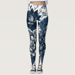 Blau-Weißer Bohemien Blumenprint Leggings