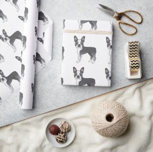 Blau-weißer Boston-Terrier-Cartoon-Hund-Muster Geschenkpapier