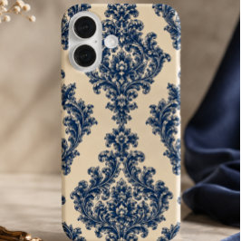 Blau-weißer Damast iPhone 16 Hülle