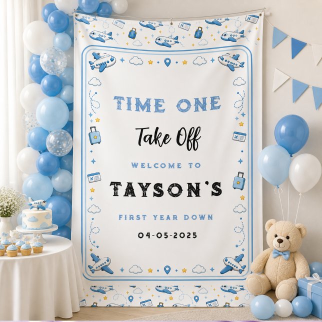 Blau Weißer Flugzeug Junge 1. Geburtstag Banner (Blue White Take Off Airplane Boy 1st Birthday Banner
)