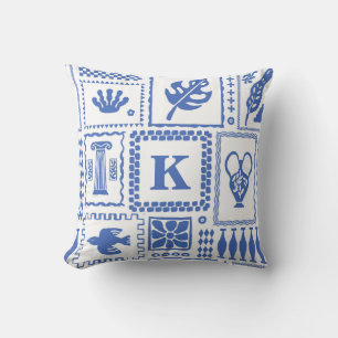 Blau-weißes abstraktes Monogramm-Dekorationsgesche Kissen