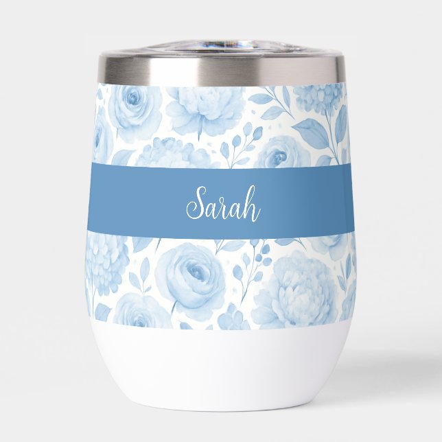 Blau-weißes Aquarell-Blumenmonogramm-Name (Vorderseite)