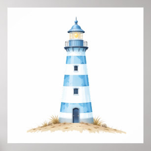 Blau & Weißes Aquarell Leuchtturm Poster