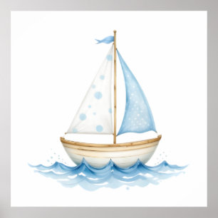 Blau-Weißes Aquarell-Segelboot – Nautisches Babyzi Poster