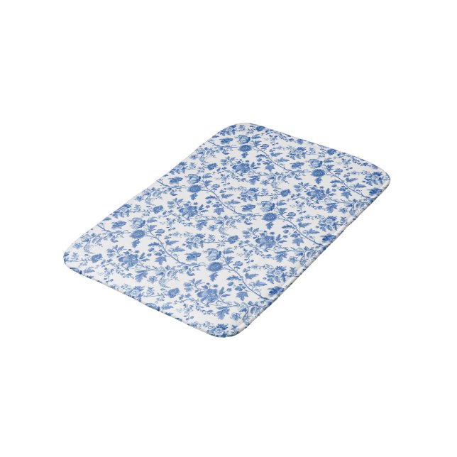 Blau-weißes Blumen-Toile-Muster  Badematte (Schrägansicht)