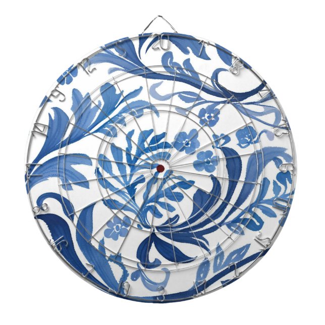 Blau-weißes Blumendesign | Chinoiserie-Muster Dartscheibe (vorne)