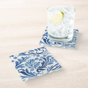Blau-weißes Blumendesign Chinoiserie-Muster Glasuntersetzer