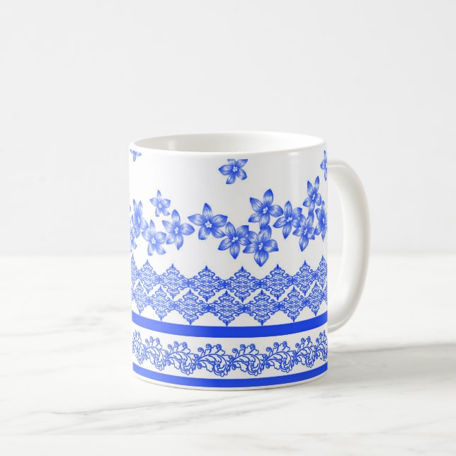 Blau-weißes Blumendesign, Kaffeetasse (VorderseiteRechts)