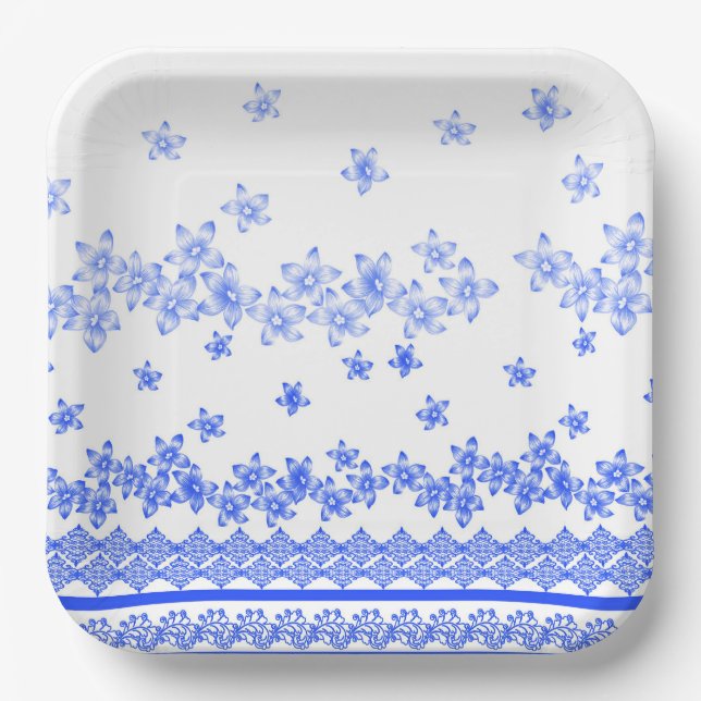 Blau-weißes Blumenmuster, Pappteller (Vorderseite)