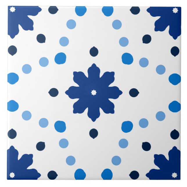 Blau-Weißes Blumenpunktmuster Fliese (Vorderseite)