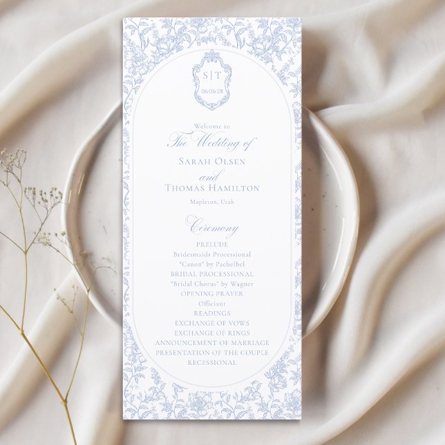 Blau-weißes Blumens Chinoiserie-Hochzeitsprogramm (Von Creator hochgeladen)