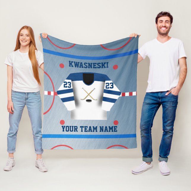 Blau| Weißes Eishockeyrosa| Player Jersey Fleecedecke (Beispiel)