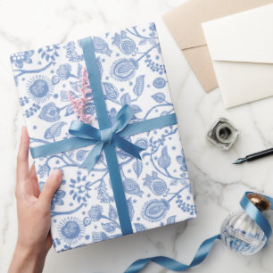 Blau-weißes florales botanisches Boho-Muster Whims Geschenkpapier