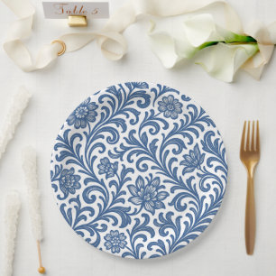 Blau-weißes florales Wirbel-Klassisches Porzellan Pappteller