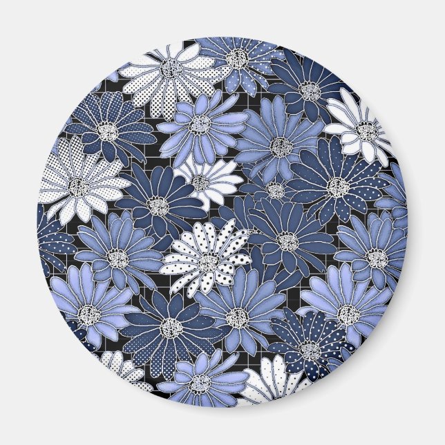 Blau-weißes Gänseblümchenmuster Magnet (Vorne)