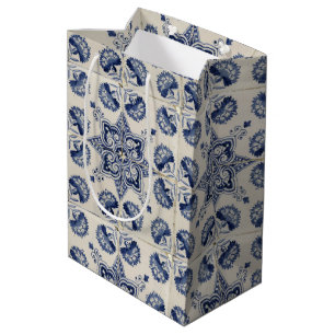 Blau-weißes geometrisches Blumenmuster im Vintage- Mittlere Geschenktüte