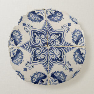 Blau-weißes geometrisches Blumenmuster im Vintage- Rundes Kissen