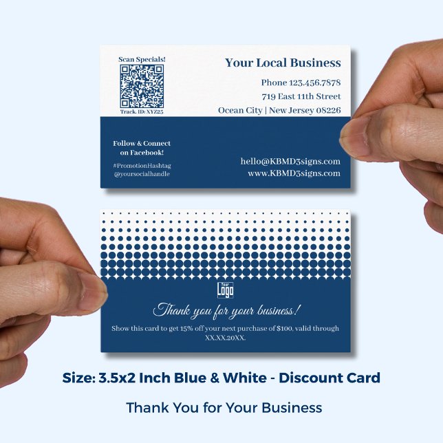 Blau-weißes Halbton-Muster Danke und Rabattkarte (Blue & White Half Tone Pattern Thank You and Discount Card; Size: 3.5x2 Inch, Logo, QR code)
