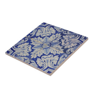 Blau-weißes mediterranes Vintage-Blumenmuster  Fliese
