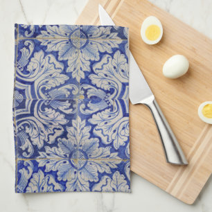 Blau-weißes mediterranes Vintage-Blumenmuster Geschirrtuch