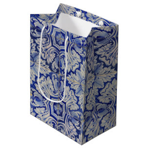 Blau-weißes mediterranes Vintage-Blumenmuster Mittlere Geschenktüte