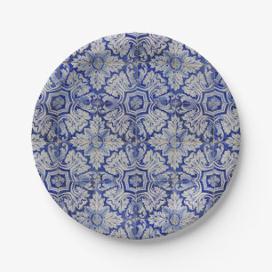 Blau-weißes mediterranes Vintage-Blumenmuster Pappteller