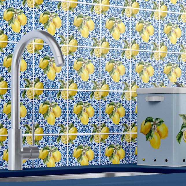 Blau-weißes mediterranes Zitronenmuster Fliese (Von Creator hochgeladen)