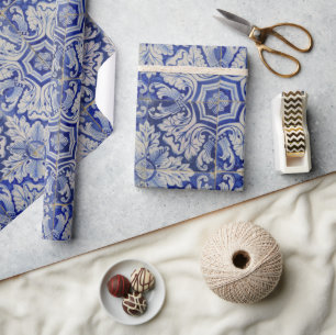 Blau-Weißes Mittelmeer-Rosenmuster im Vintage-Stil Geschenkpapier