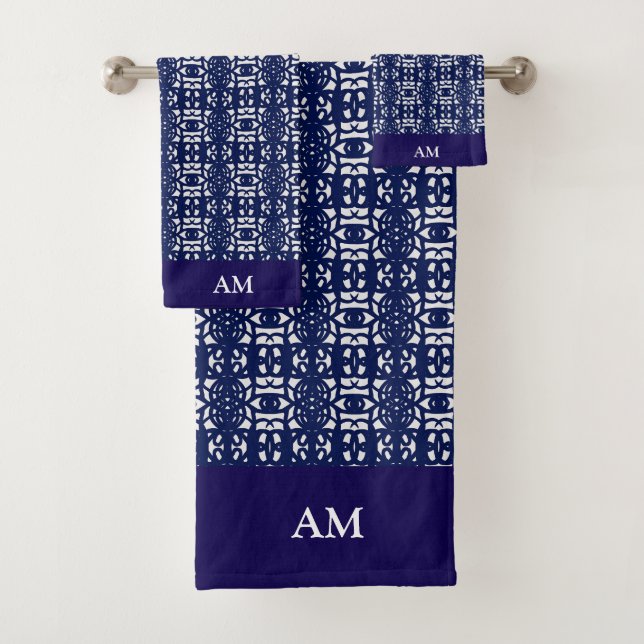 Blau-weißes modernes abstraktes Muster und Monogra Badhandtuch Set (Insitu)