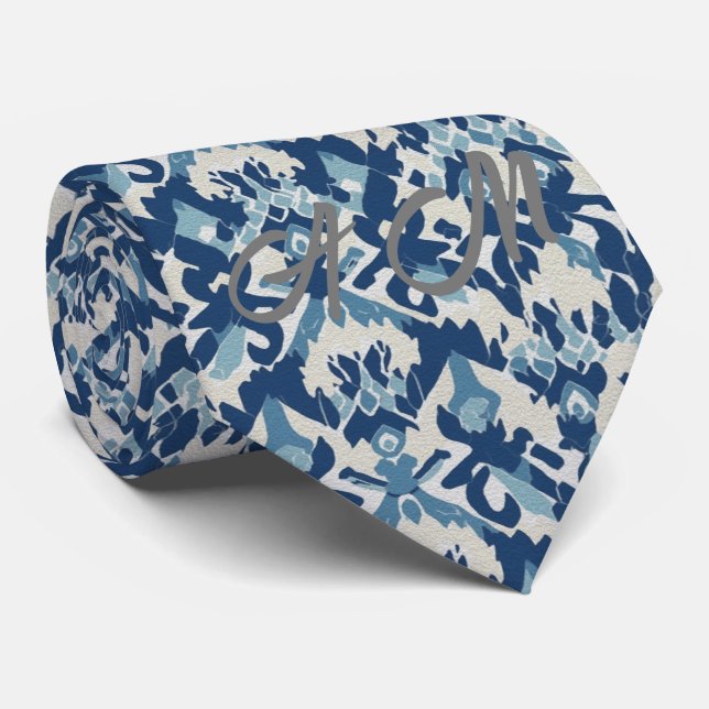 Blau-weißes Retro-Ikat-Muster 3 Monogramm-Initiale Krawatte (Gerollt)