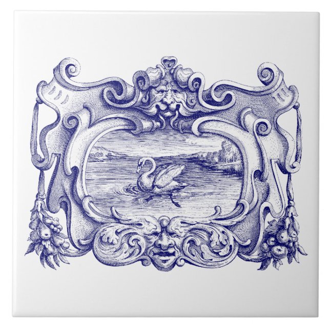 Blau-weißes Scroll-Kartusche mit Schwan Fliese (Vorderseite)