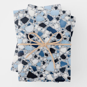 Blau-weißes Terrazzo-Mosaikmuster Geschenkpapier Set