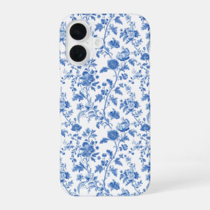Blau-weißes Vintage-Blumen-Toile-Muster iPhone 16 Hülle