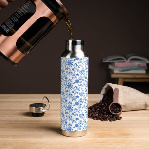 Blau-weißes Vintage-Blumen-Toile-Muster Trinkflasche