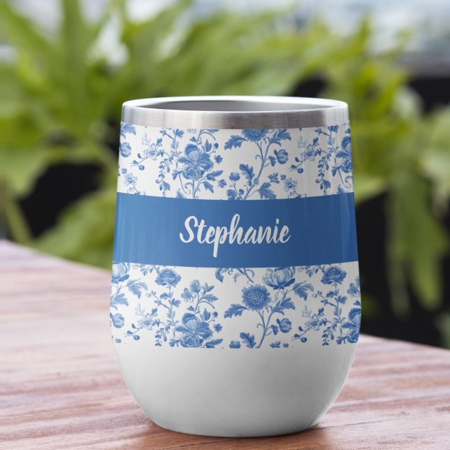 Blau-weißes vintage-blumenmonogramm name (Add your name via the template to personalize.  Matching items available in collection)