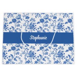 Blau-weißes Vintage-Blumenmonogramm Name Große Geschenktüte