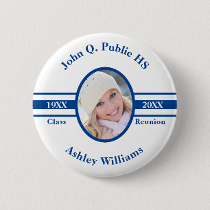Blau White School Class Wiedersehen Foto Name Button