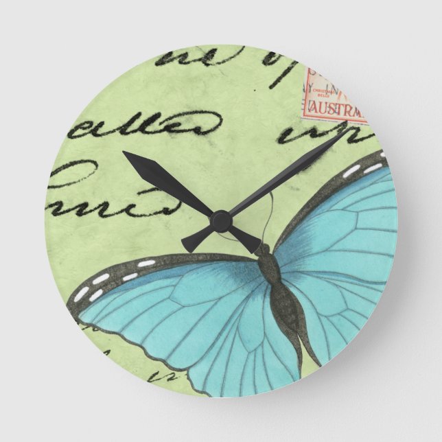 Blau-Winged Schmetterling auf aquamariner Runde Wanduhr (Vorderseite)