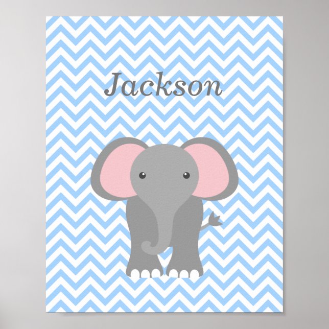 Blau Zickzack Elephant Personalisiertes Kinderzimm Poster (Vorne)