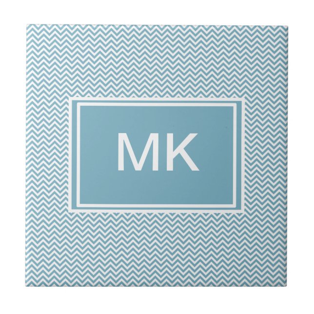 Blau Zickzack mit Monogramm Fliese (Vorderseite)