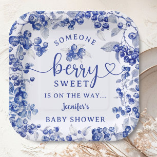 Blaubeer-Baby-Party Blau Toile De Jouy Pappteller