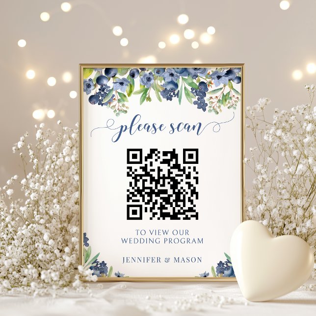 Blaubeer-Blumen-Hochzeitsprogramm QR-Code Poster (Von Creator hochgeladen)