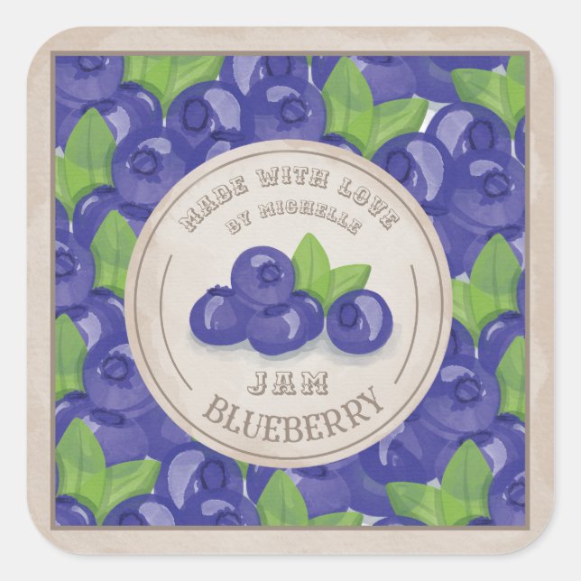 Blaubeer-Rustikal-Wasserfarben-Jam-Label Canning Quadratischer Aufkleber (Vorderseite)