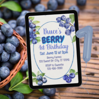 Blaubeere 1. Geburtstag Wasserfarbe Einladung