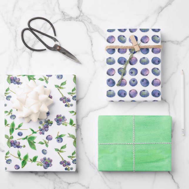 Blaubeeren Beeren Frucht Warm Grün Aquarell Geschenkpapier Set (Vorderseite)