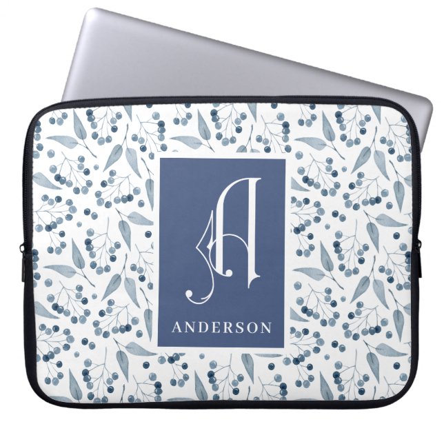 Blaubeeren & Blatt Muster Monogramm, Nachname Laptopschutzhülle (Vorderseite)