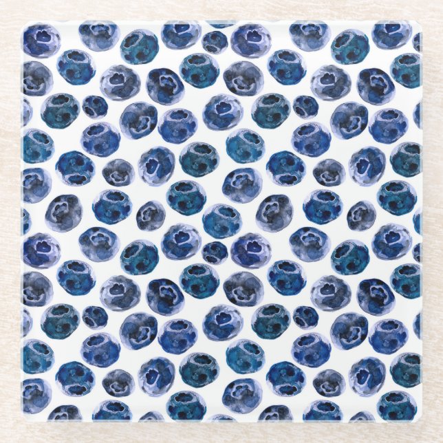 Blaubeeren: illustrierte Wasserfarbe. Glasuntersetzer (Vorderseite)