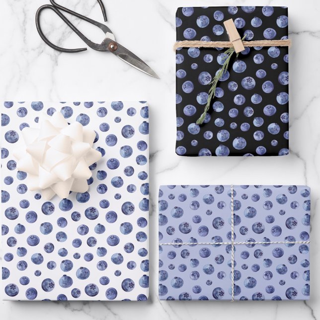 Blaubeeren-Muster Geschenkpapier Set (Watercolor blueberries pattern wrapping paper sheets)