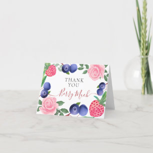 Blaubeeren und Erdbeeren Rahmen mit rosa Rosen Dankeskarte